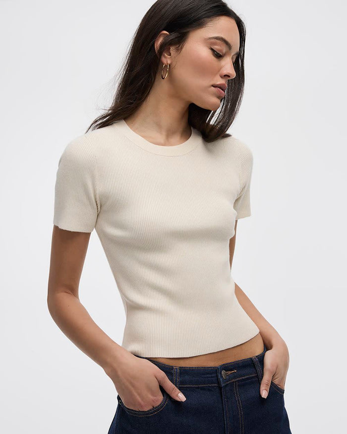 Short-Sleeve Crew-Neck Ribbed Sweater