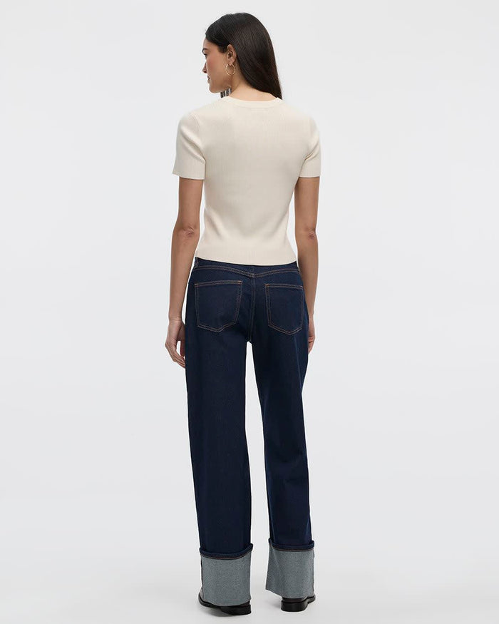 Short-Sleeve Crew-Neck Ribbed Sweater
