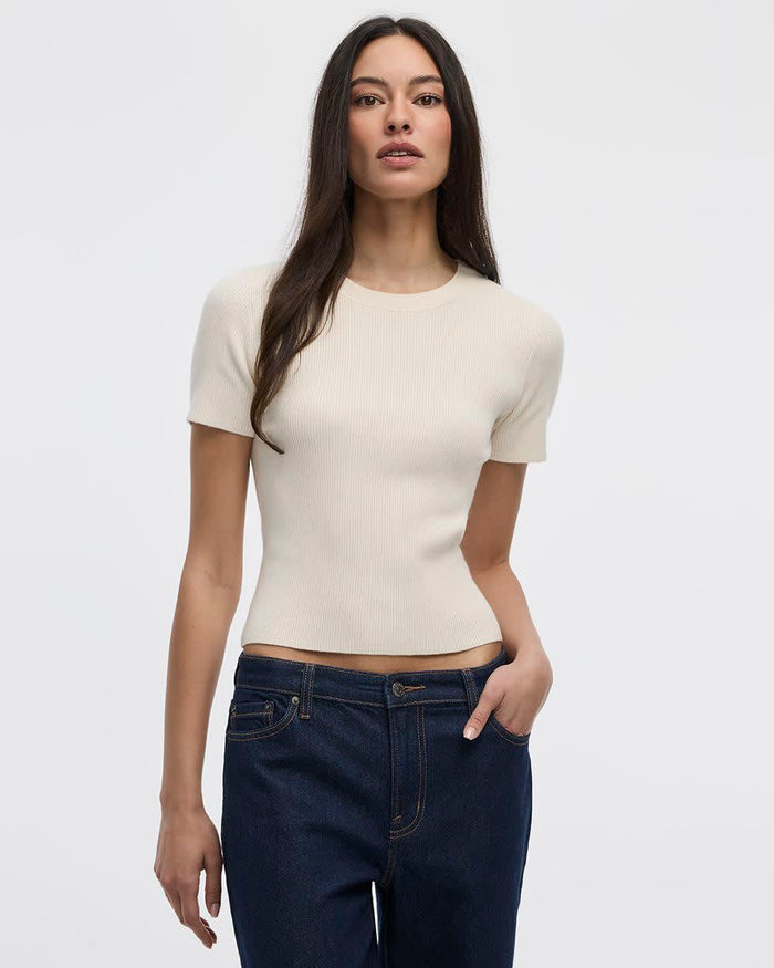 Short-Sleeve Crew-Neck Ribbed Sweater