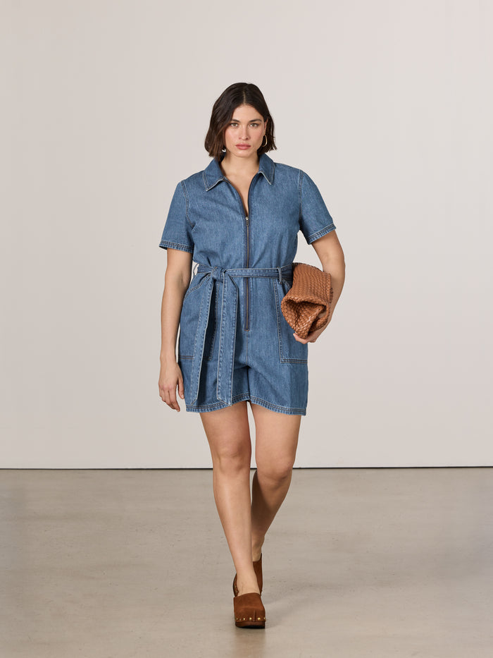 Short-Sleeve Denim Mini Dress Romper