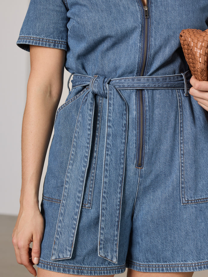 Short-Sleeve Denim Mini Dress Romper