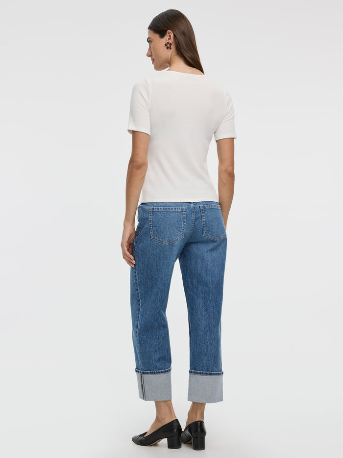 Short-Sleeve V-Neck Tee with Lace Trim