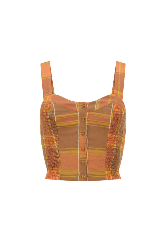 A cropped camisole top with a warm-toned plaid pattern in orange, brown, and yellow, featuring a button-up front and shoulder straps, shown against a plain white background.