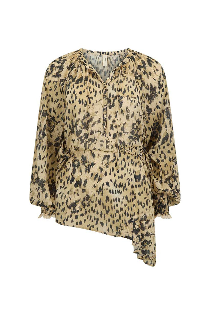 Snow Leopard Asymmetric Blouse flat lay, front view, showing side tie, lace trim cuffs and asymmetric hem