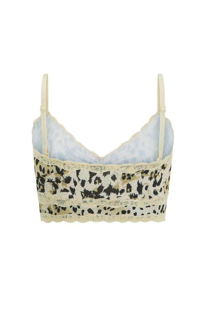 Back flat lay of Snow Leopard Lace Bralette showing cream lace trim panels, adjustable straps, and scalloped edges