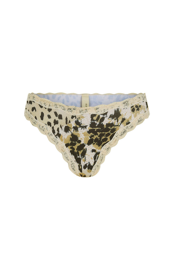 Spell women's Snow Leopard Lace Brief in Animal print recycled polyester with cream lace-trim waist and leg