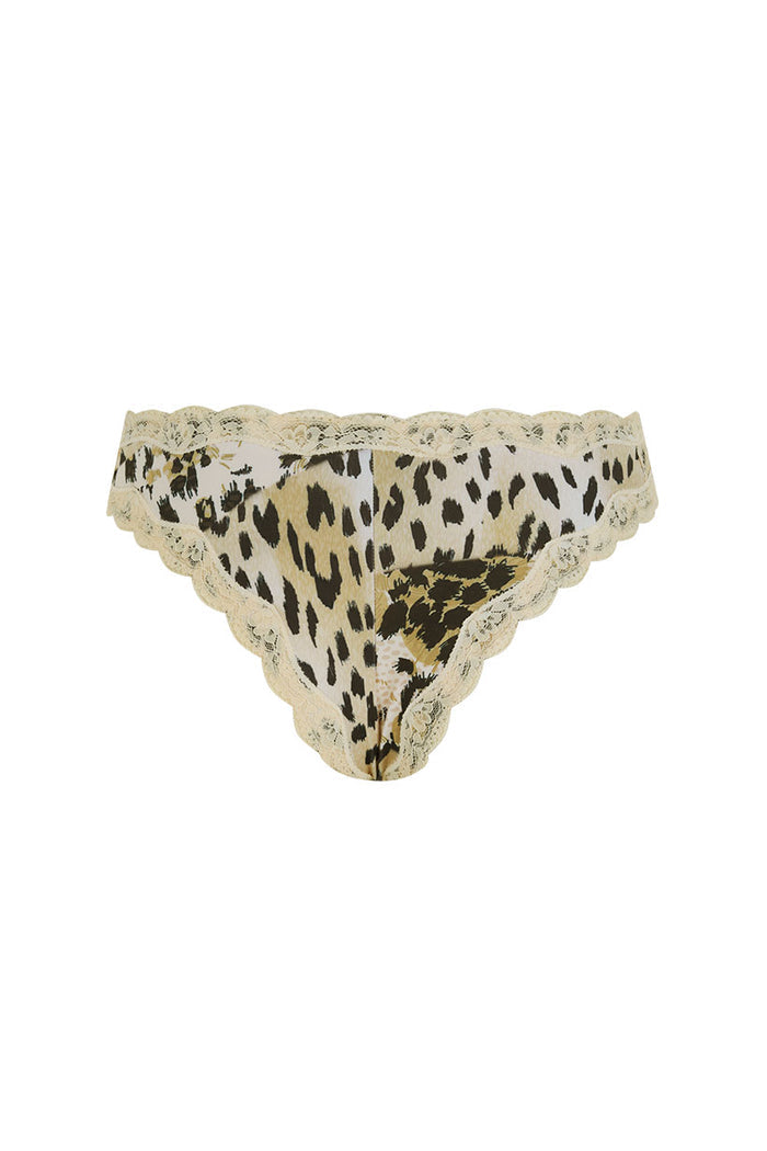 Back flat lay of Snow Leopard Lace Brief, animal print recycled polyester with cream lace trim on waist and leg