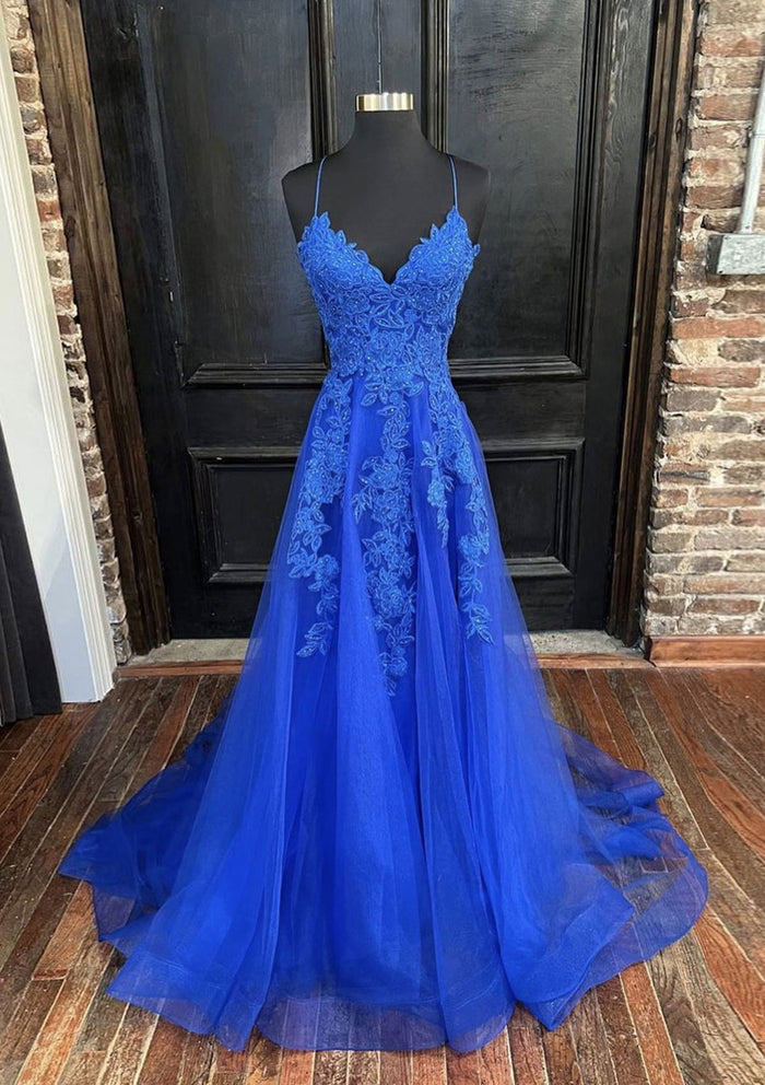 Spaghetti Straps Royal Blue Tulle Lace Appliques Prom Dress 2025 Corset Back