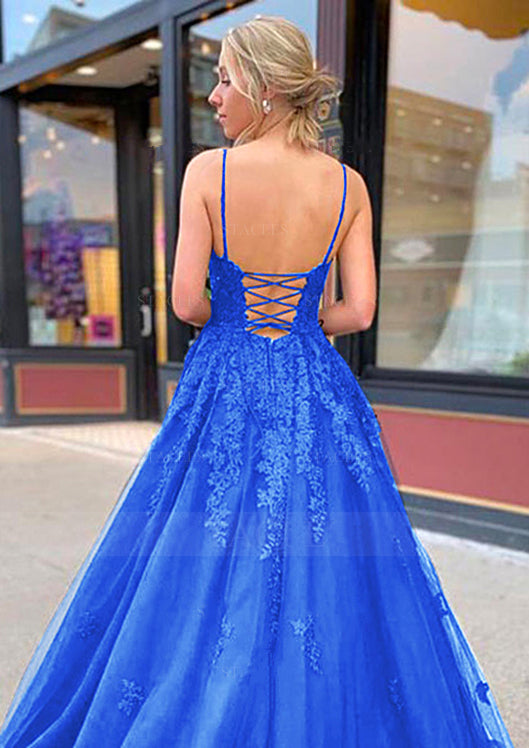 Spaghetti Straps Royal Blue Tulle Lace Appliques Prom Dress 2025 Corset Back