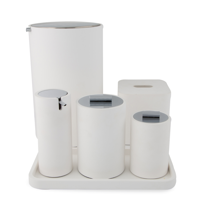 An elegant bath accessories collection in matte white with chrome details.