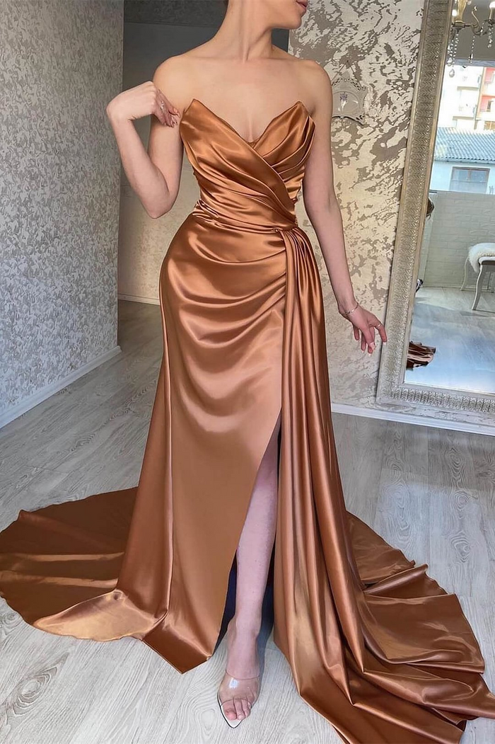 Strapless Brown Prom Dress 2025 with Slit Draping