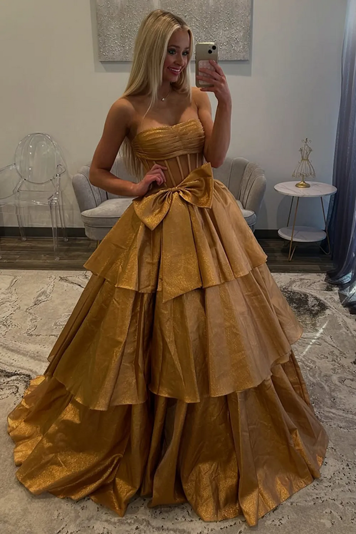 Strapless Gold Prom Dress 2025 with Slit & Front Bow