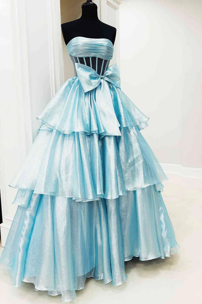 Strapless Gold Prom Dress 2025 with Slit & Front Bow