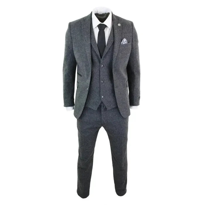 Men's grey herringbone tweed suit with tailored fit, includes blazer, waistcoat, and trousers, ideal for weddings, proms, or vintage-themed events.