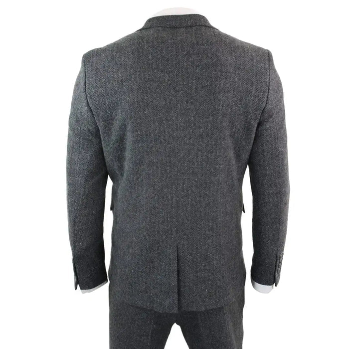 Back view of men's grey tweed suit jacket with structured shoulders and tailored fit, showing rear seams and buttoned cuffs