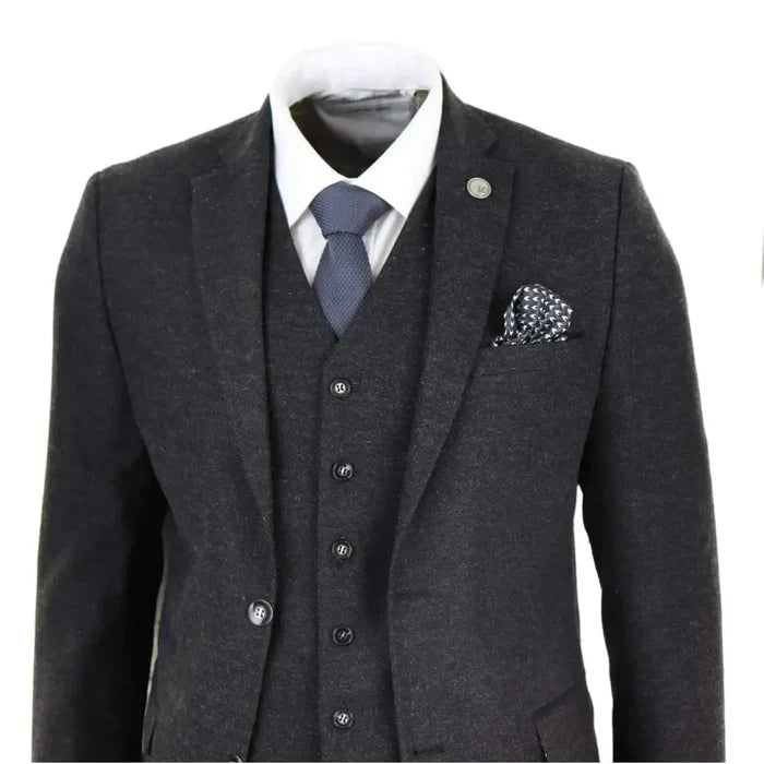 Silver logo of a men's wool tweed suit 3-piece set, including blazer, vest, and white shirt, designed for vintage-inspired style.