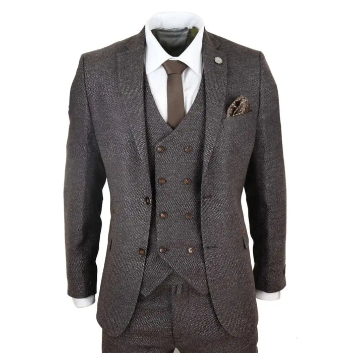 Men's vintage brown wool tweed 3-piece suit with double-breasted blazer, waistcoat, and trousers, paired with a white shirt and brown tie