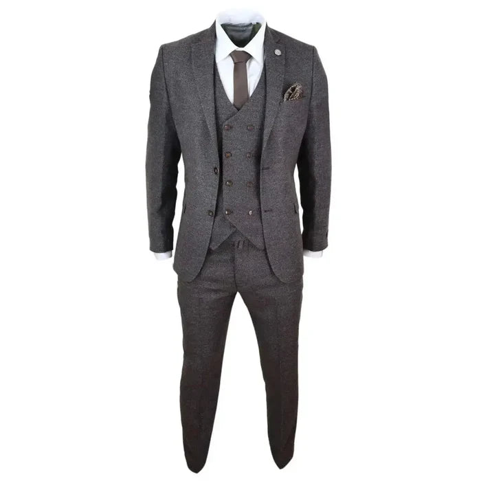 Men's gray wool tweed 3-piece suit with double-breasted blazer, waistcoat, and trousers, styled with a white shirt and brown tie