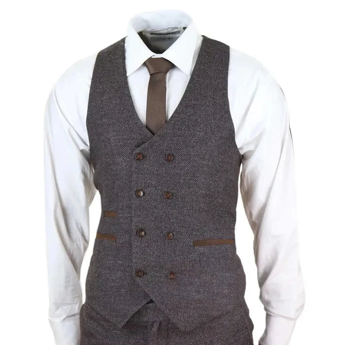 Men's brown wool tweed suit jacket with contrasting trim, paired with a white shirt, brown tie, and patterned pocket square
