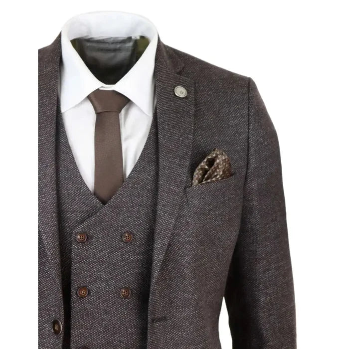 Close-up of men's brown tweed 3 piece suit with white dress shirt, brown tie, and pocket square, featuring a textured fabric and classic style - SKU: stz32_suit_brown_36