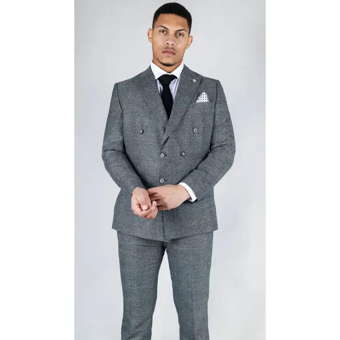 Men's grey double-breasted suit with a tailored fit, featuring a checkered pattern, lapel collar, and matching trousers for formal occasions.