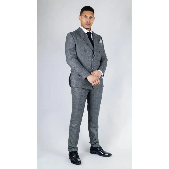 Men's grey double-breasted suit with tailored fit, featuring a classic notch lapel, four-button blazer, and matching trousers, ideal for formal occasions.
