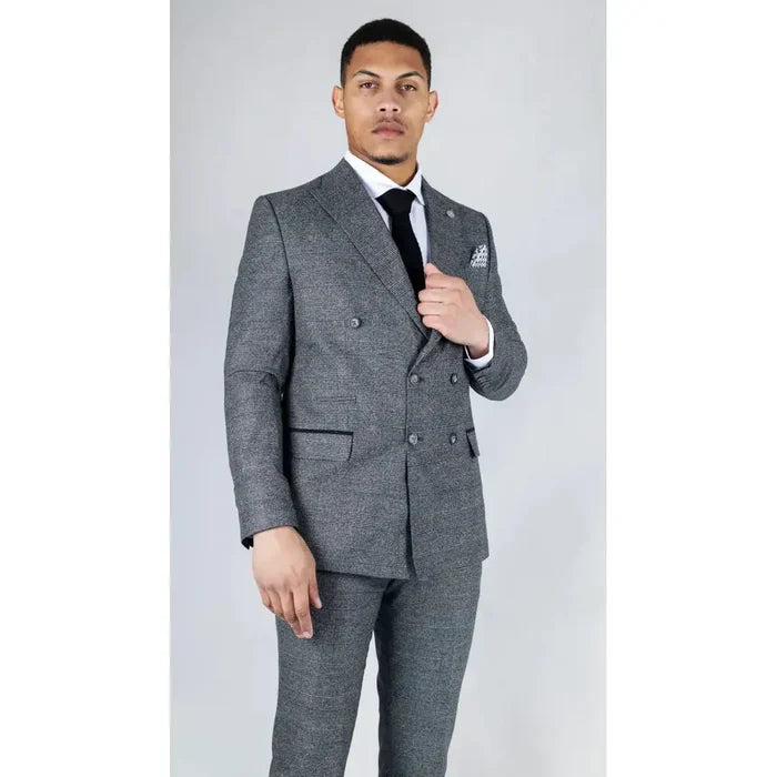 Men's grey double-breasted suit made of wool blend fabric, tailored fit, with notch lapels, four-button front, and matching trousers for formal occasions.