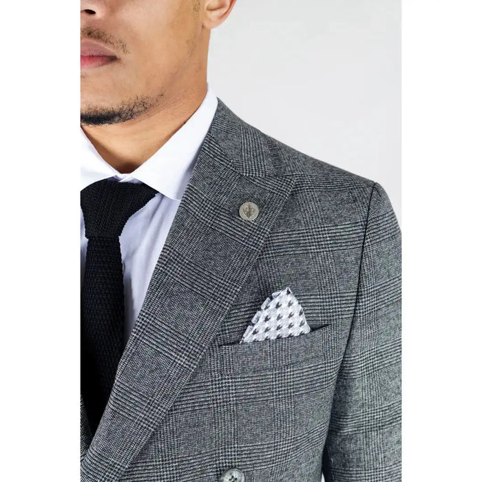 Men's grey double-breasted suit jacket with a classic check pattern, featuring a lapel pin and a stylish pocket square, tailored fit.