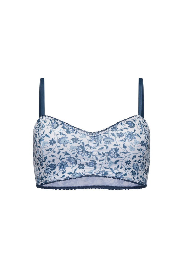 Sunshine Bandit Bralette in Chambray, front view on white background, blue floral print with lace border trim
