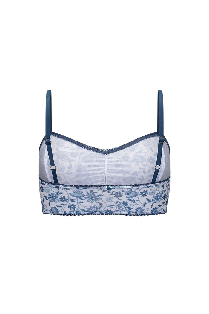 Back view of Sunshine Bandit Bralette in chambray, showing floral embroidery, lace border trim, and adjustable straps