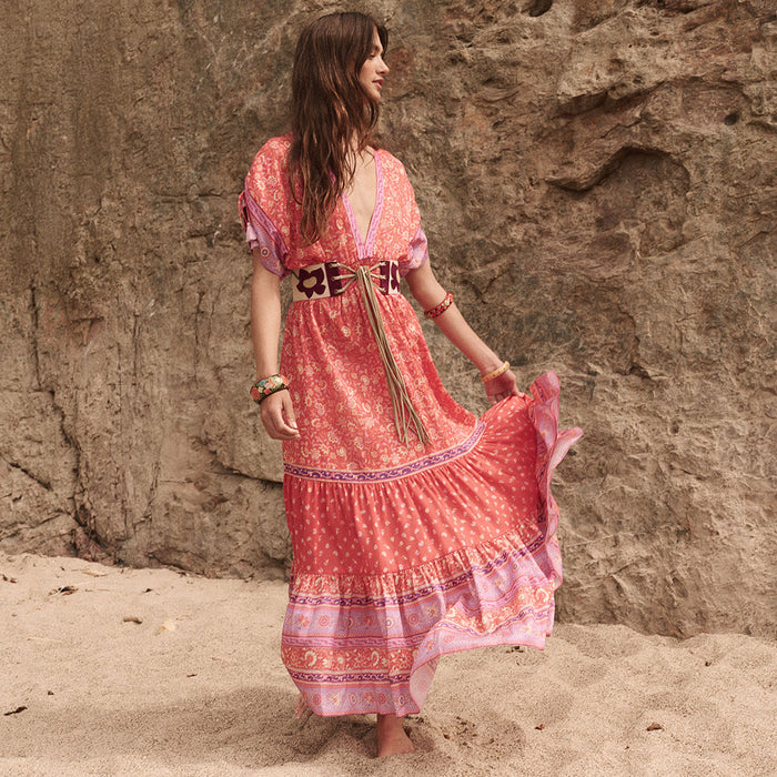 Spell women's Sunshine Bandit Gown in Cayenne red boho maxi with tiered skirt and border print hem