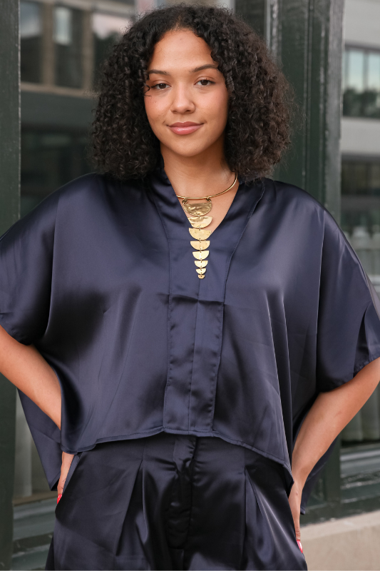 Sylvie Satin Top- Navy