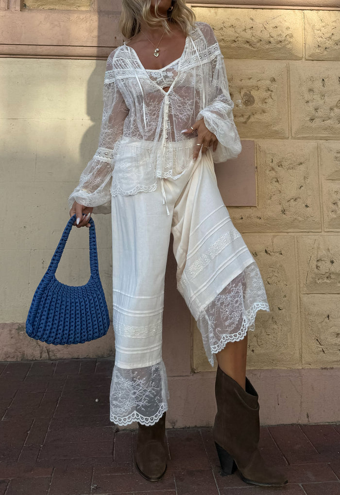 Spell women's Teodora Lace Pantaloon in Sea Salt white organic cotton wide-leg pants with lace hem
