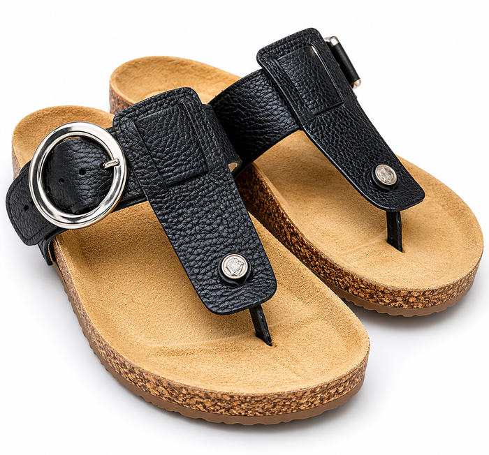 Pair of sandals with black straps and cork soles on a white background