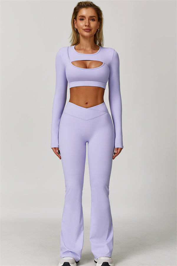 The Lavish Long Sleeve Cut-out Crop Top Flared Leggings 2-Piece Set