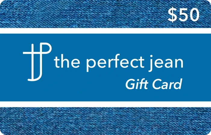 $50 gift card with denim texture background and blue band displaying "the perfect jean" logo and text.