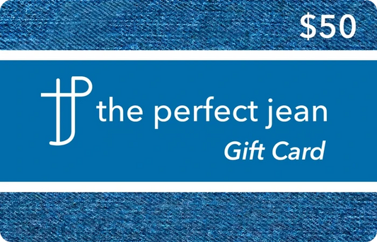 $50 gift card with denim texture background and blue band displaying "the perfect jean" logo and text.