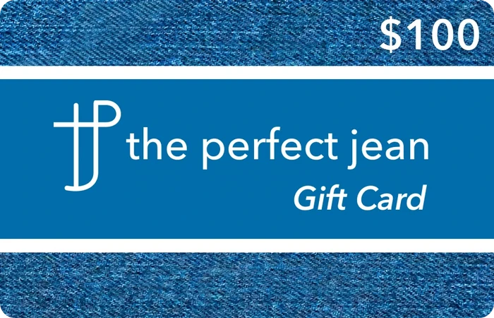 $100 gift card with denim texture background and blue band displaying "the perfect jean" logo and text.