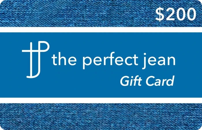 $200 gift card with "The Perfect Jean" logo on blue background with denim texture borders.