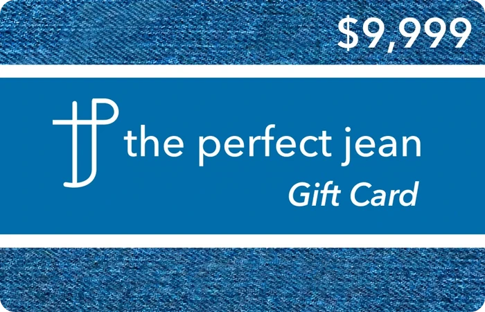 Gift card with denim texture design featuring "$9,999" and "The Perfect Jean" branding on blue background.
