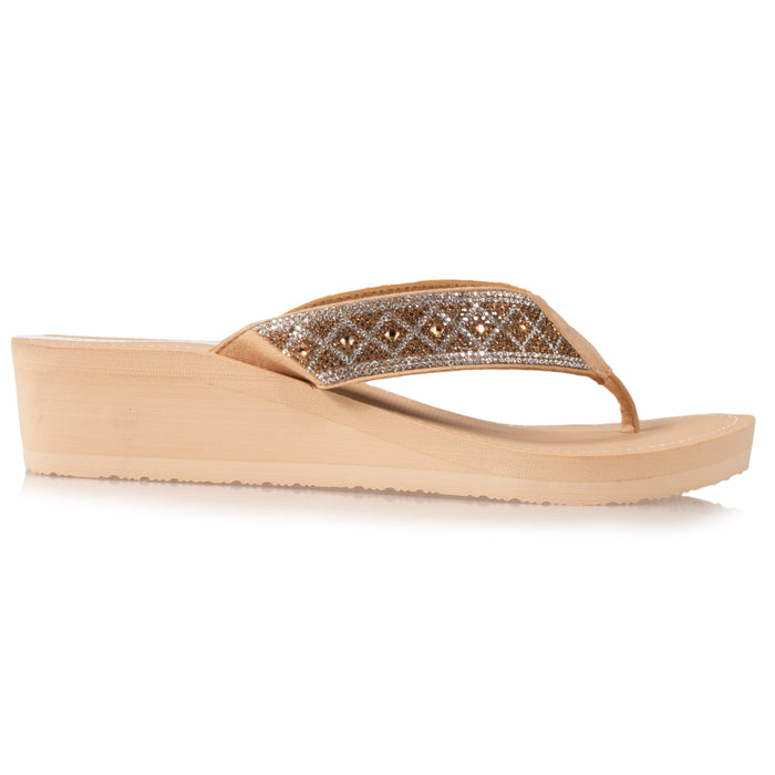 Tongs Femme talon paillettes Beige