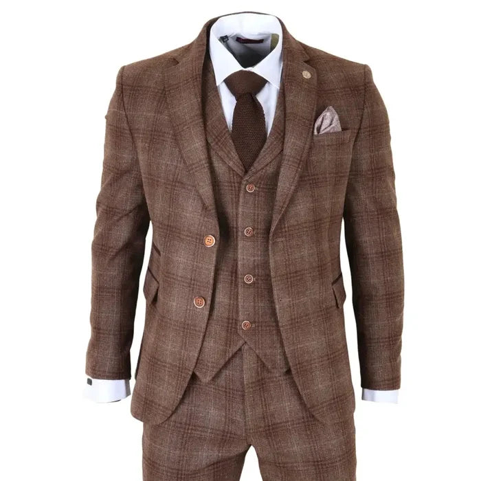 Men's brown tweed check 3-piece suit with tailored blazer, waistcoat, and trousers, featuring a classic check pattern, white shirt, and brown tie