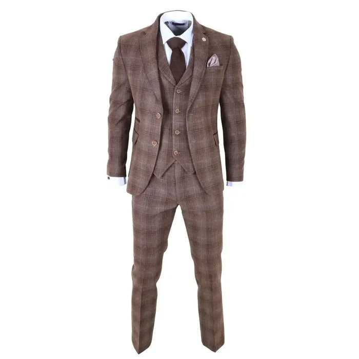 Close-up of men's brown tweed check 3-piece suit with tailored fit, featuring a white shirt, brown tie, and matching pocket square