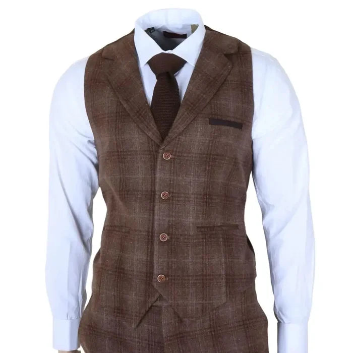 Men's brown tweed check 3-piece suit with tailored blazer, matching waistcoat, and trousers, worn over a white dress shirt and dark brown tie