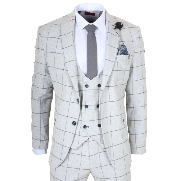 Men's light grey plaid check suit with tailored fit, double-breasted blazer, notch lapel, and matching trousers, ideal for formal events.