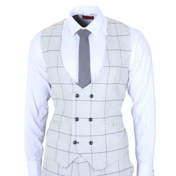 Men's tailored fit grey plaid check suit with a white shirt and grey tie, featuring a double-breasted waistcoat, front view