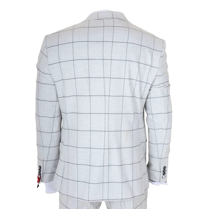 Back view of men's grey plaid check suit with structured shoulders and notch lapel, showing the suit's pattern and fit