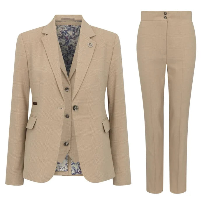 Women's cream 3-piece suit with tailored blazer, fitted trousers, and vest in Prince of Wales check fabric, perfect for professional settings