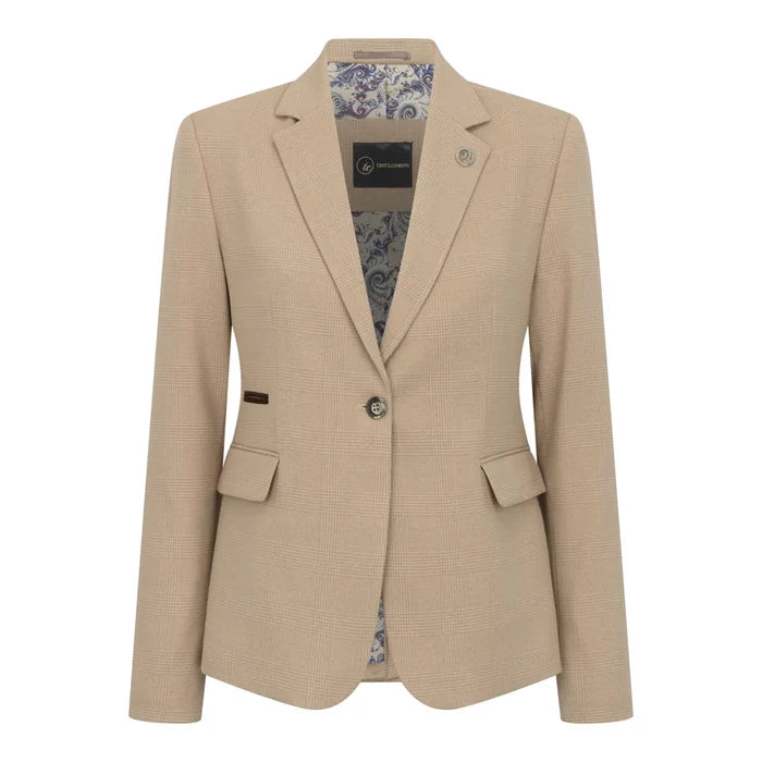 Close-up of women's cream Prince of Wales check suit blazer with structured fit, lapel collar, and floral patterned lining interior