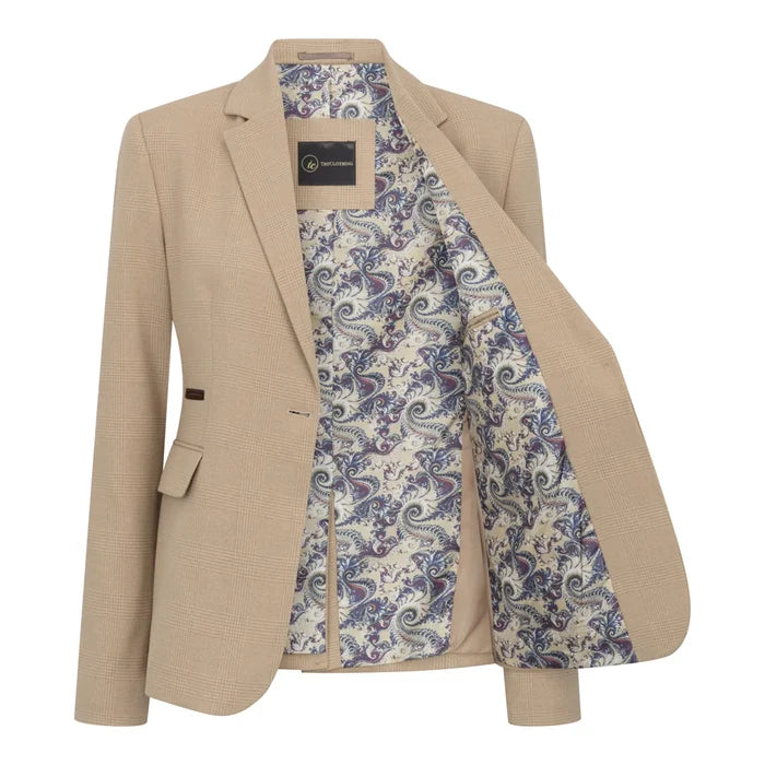 Back view of women's beige tailored blazer with elbow patches in dark brown, buttoned cuffs, and subtle check pattern fabric